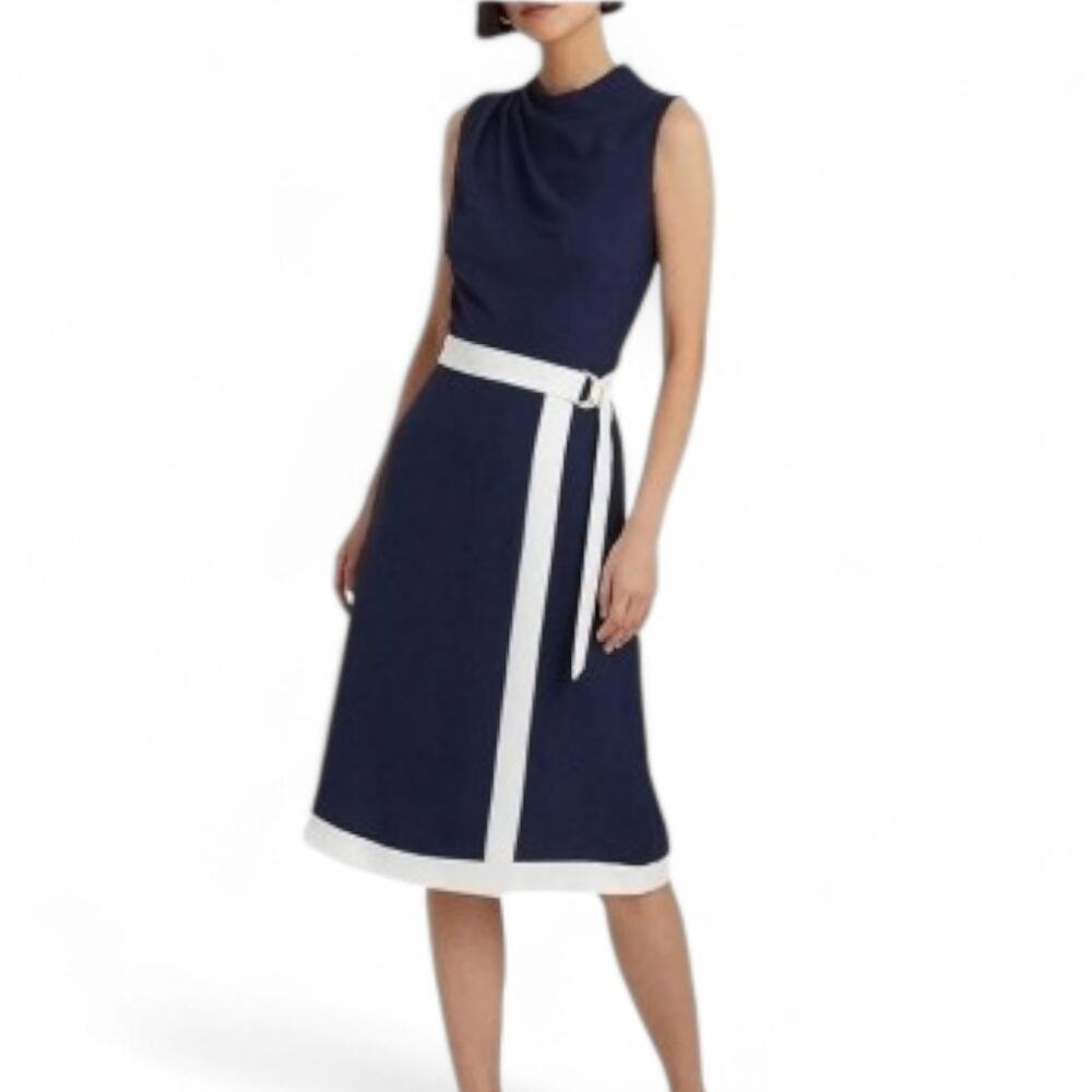 Ralph Lauren Blue White Stripe A-Line Midi Dress Sleeveless NWT Size 12